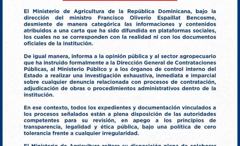 Agricultura desmiente informaciones falsas y solicita investigación sobre procesos internos