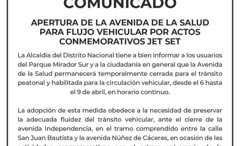 ADN, Intrant y Digesett reiteran apertura al tránsito vehicular en la avenida de la Salud desde este lunes hasta el jueves