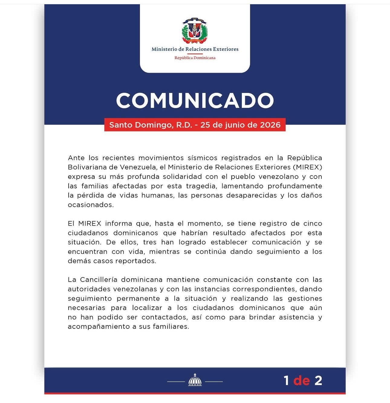 MIREX ofrece números de asistencia para dominicanos en Venezuela o con familiares en ese país