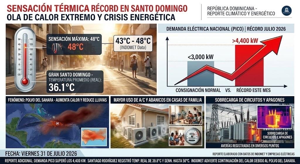 Sensación térmica roza los 48 grados en Santo Domingo y dispara la demanda eléctrica