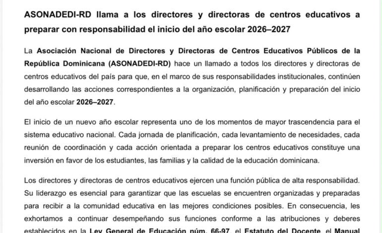 Asociación Nacional de Directores de Centros Educativos llama a directores de escuelas a intensificar preparativos para el inicio exitoso del año escolar 2026-2027