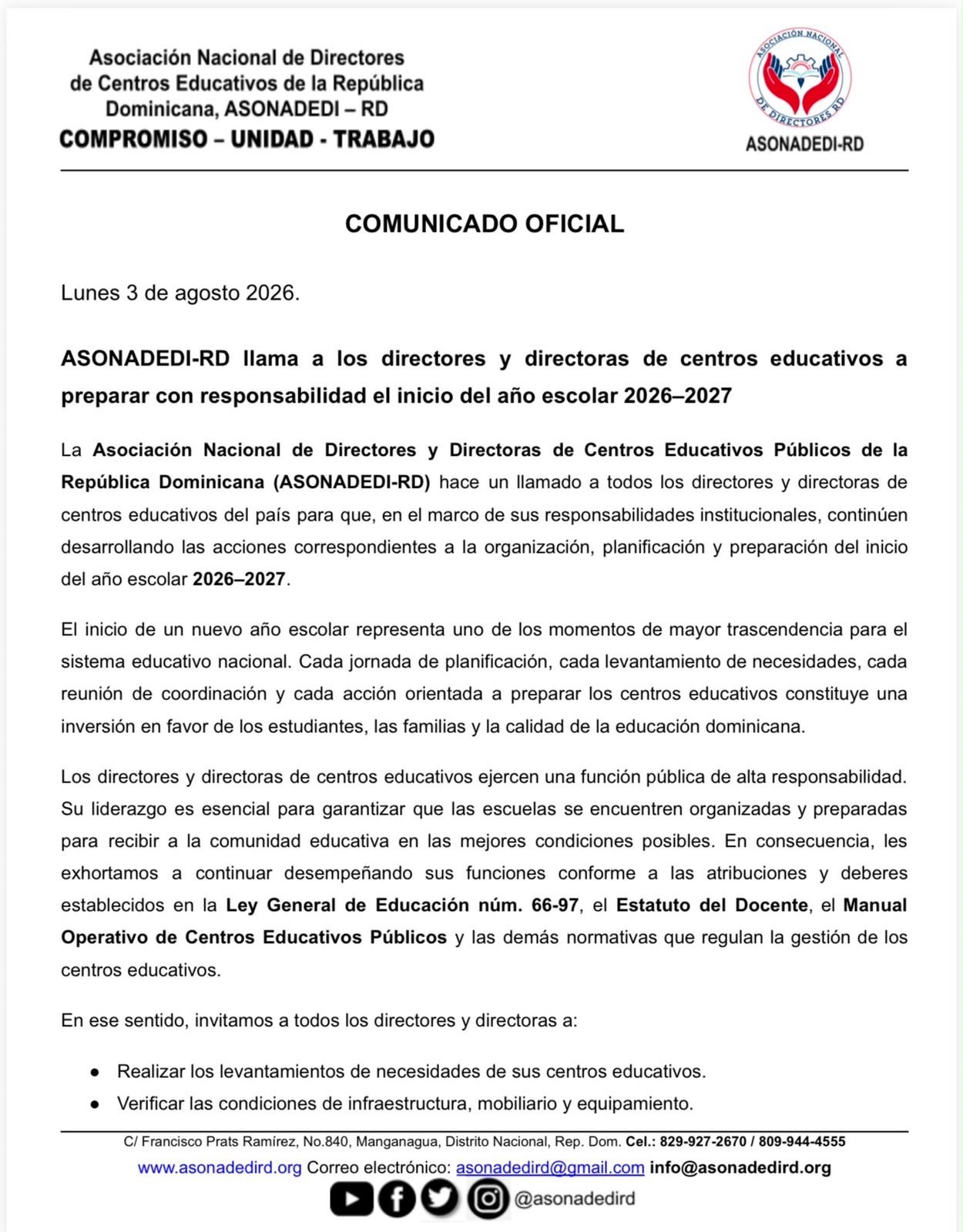 Asociación Nacional de Directores de Centros Educativos llama a directores de escuelas a intensificar preparativos para el inicio exitoso del año escolar 2026-2027