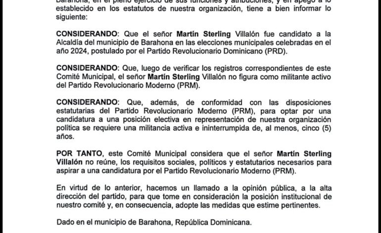 PRM Barahona desautoriza promoción de candidatura de Martín Sterling y le invita a continuar en el PRD