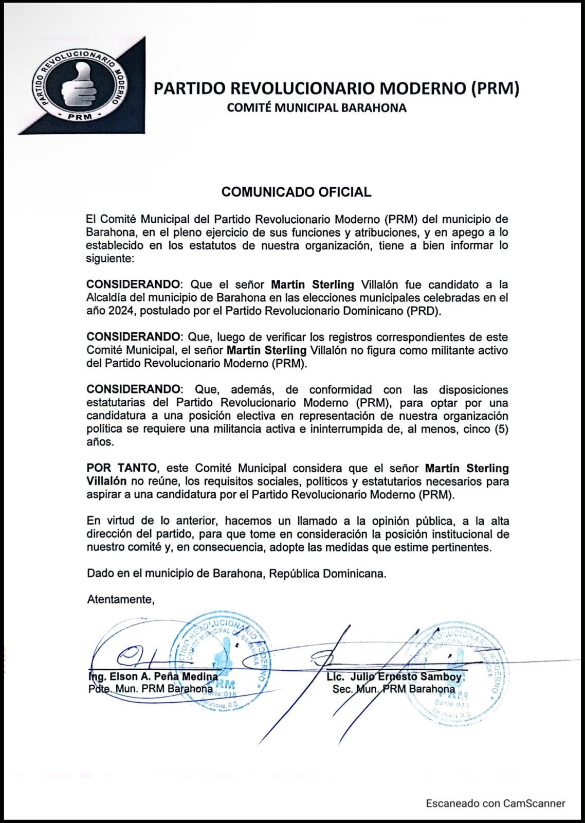 PRM Barahona desautoriza promoción de candidatura de Martín Sterling y le invita a continuar en el PRD